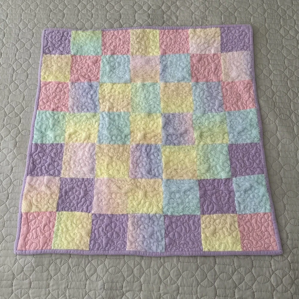 Baby Quilt Girl Handmade Pink Embroidery  Purple Pastel Flower Patchwork Blanket